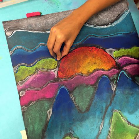 chalk pastel landscape  |  small hands big art Landscape Art For Kids, Landscape Art Lessons, Childrens Art Studio, Chalk Pastel Art, Glue Art, 2nd Grade Art, 4th Grade Art, 3rd Grade Art, Kids Art Class