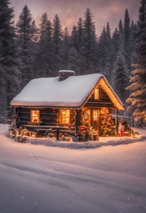 🥰☃️🎄❄️ - Everything Christmas Christmas Cabin Wallpaper, Log Cabin In The Snow, House Covered In Snow, Christmas Cabins In The Snow, Winter Log Cabin Aesthetic, Snowy Cabin Wallpaper, Cozy Winter Cabin Exterior, Country Christmas Background, Christmas Cabin Exterior