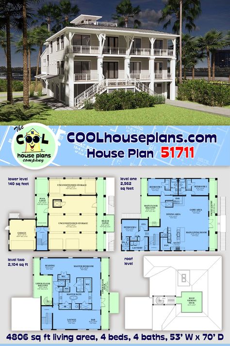 Beach House Plan 51711 has features that you will not find in an ordinary home. Firstly, we highlight: Beach House Plan With Elevator. Enter via the lower level at the ground floor, and we find a massive area for storage. This is like having a basement, yet it's above ground. From here, you can access the elevator which takes you to each level except the roof viewing deck. Parking is available for various types and sizes of vehicles under the house. In addition, the garage accommodates 2 cars. Beach House Floor Plans Coastal Homes, House Plans With Elevators, Lottery Homes, Viewing Deck, Beach House Plan, Florida House Plans, Contemporary Style House, Coastal Colonial, Basement Plans