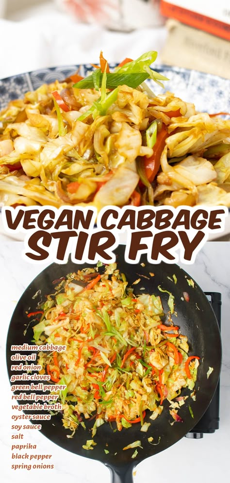 Try this easy stir-fry cabbage recipe for a healthy and flavorful vegetable side dish! This simple vegan recipe is perfect for a delicious lunch or dinner with a low-carb and gluten-free diet. Enjoy! Vegan Cabbage Recipes Stir Fry, Vegan Stir Fry Vegetables, Cabbage Mushroom Stir Fry, Vegan Cabbage Stir Fry, Cabbage Side Dish Asian, Asian Sauteed Cabbage Recipe, Healthy Fried Cabbage Recipes, Cabbage Stir Fry Vegetarian, Stir Fry Cabbage Recipes Simple