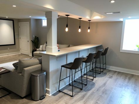 Half Wall Bar, Finished Basement Bars, Basement Bar Remodel, Powder Room Modern, Modern Basement Bar, Small Finished Basements, Basement Theater, Basement Bar Area, Small Basement Kitchen