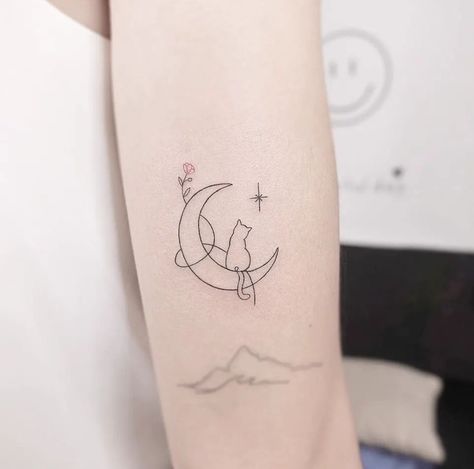 Small Tattoo Cat Ideas, Cat Small Tattoo Ideas, Cat In A Moon Tattoo, Cat Tattoo With Moon, Two Cats On A Moon Tattoo, Cat Tatoos Aesthetic Small, Cat And Moon Tattoo Simple, Cat Moon Tattoo Small, Cat Symbol Tattoo