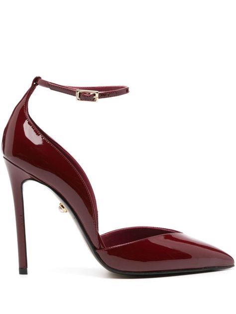 bordeaux red calf leather patent finish buckle-fastening ankle strap pointed toe branded leather insole 110mm stiletto heel leather outsole Wine Heels, Fall Fashion Shoes, Feminine Shoes, Red Stilettos, Red Accessories, Awesome Tattoos, Iconic Bags, Red Heels, Flat Boots