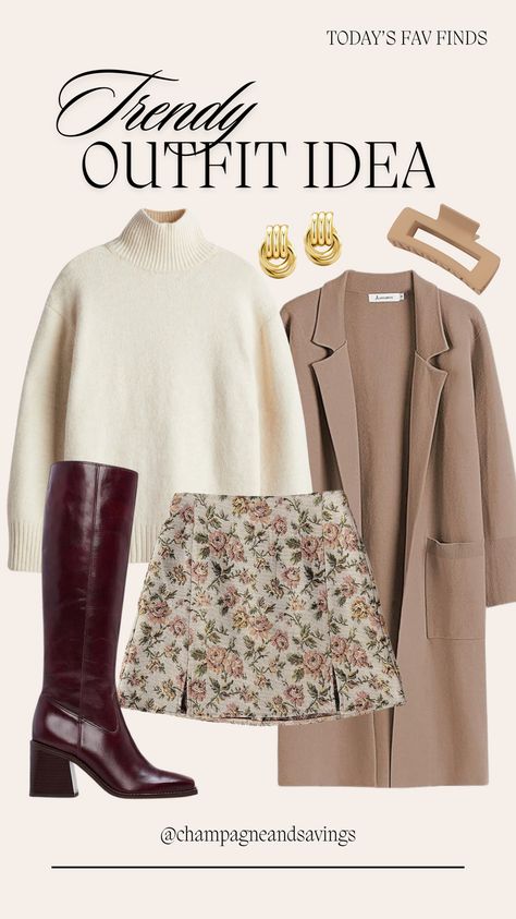 A burgundy boots outfit for fall that screams chic style for a women's autumn outfit idea. Love this mini skirt outfit idea for fall paired with these trendy women's shoes, an oversized sweater, long coat and chic accessories. Follow for more women’s fashion and outfit ideas! Fall Vineyard Outfits, Burgundy Skirt Outfit Fall, Burgundy Outfits For Women, Brown Booties Outfit, Burgundy Skirt Outfit, Burgundy Boots Outfit, Vineyard Outfit, Mini Skirt Outfit, Winter Boots Outfits