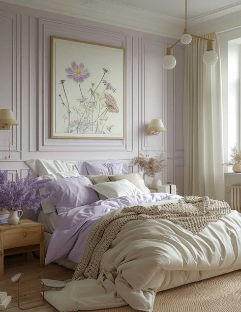 Color Theory Bedroom, Light Colors Bedroom, Lilac Purple Bedroom Ideas, Bedroom Lilac Walls, Light Lilac Paint Color, Lilac And Green Room, Lilac And Blue Bedroom, Pale Purple Bedroom, Aesthetic Room Colors