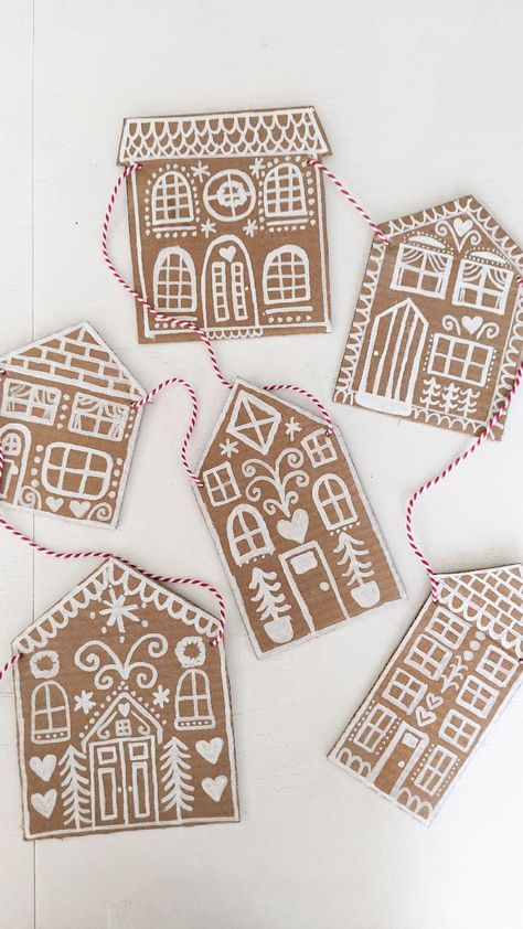 homebyjulianne on Instagram: DIY gingerbread house garland! This was so fun and the end result is so cute! All you need is: • cardboard • exacto knife or scissors •… Craft Paper Gingerbread House, Gingerbread Cardboard Garland, Christmas House Garland, Cardboard Gingerbread Houses Diy, Cardboard Gingerbread House Ornaments, Gingerbread House Christmas Ornaments, Christmas Crafts Gingerbread House, Kraft Paper Gingerbread House, Ginger Bread House Garland