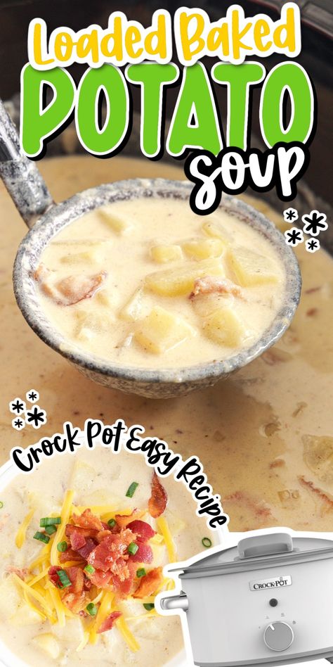 This is the best potato soup recipe! It's loaded with flavor, along with cheese, bacon, and chives. Using the crockpot makes for an easy home cooked meal! Potato Soup In Crock Pot, Best Potato Soup Recipe, Baked Potato Soup Crock Pot, The Best Potato Soup, Potato Soup Crock Pot Easy, Easy Home Cooked Meals, Warming Soups, Best Potato Soup, Potato Soup Crock Pot