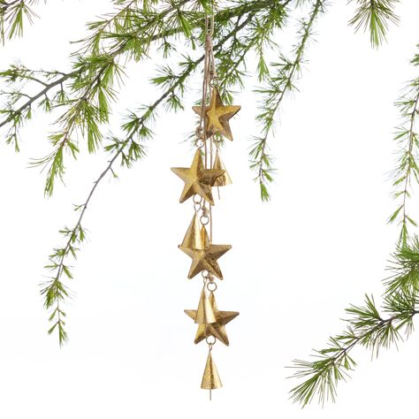 Gold Metal Star And Bell Cluster Ornament - World Market Modern Brass Ornaments, Brushed Brass Ornaments, Christmas Tree With Metal Ornaments, Christmas Tree Toppers With Bells, Brass Christmas Wreath, World Market Christmas Tree, Bells In Christmas Tree, Brass And Green Christmas, Black And Brass Christmas