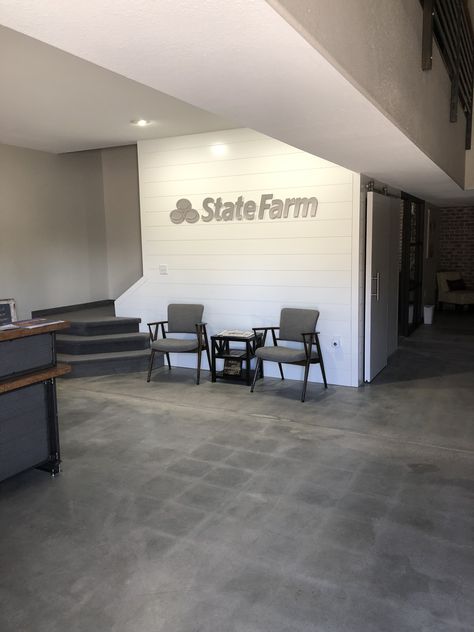 State Farm Office Decor, Insurance Office Decor, State Farm Office, Insurance Office, Wood Shiplap Wall, Work Office Ideas, Farm Office, Wood Shiplap, Office Update