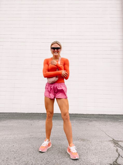 Colorful Athletic Outfits, Free People Athletic Outfits, Pink Running Shoes Outfit, Pink Athletic Shorts Outfit, Sporty Pink Athletic Shorts With Relaxed Fit, Pink Athleisure Athletic Shorts For Running, Pink Activewear For Running, Pink Athleisure Activewear Athletic Fit, Red Athleisure Running Shorts