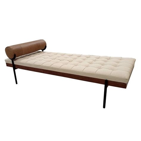 A perfect harmony of materials, the Bench/ Day Bed exudes elegance with its clean lines and shape. A cotton cushion rests upon acacia wood and iron legs. The top grain leather pillow is held just above the cushion for a comfortable yet creative design. Daybed Bench, Daybed Styles, Daybed Design, Modern Daybed, Daybed Bedding, Daybed Mattress, Upholstered Daybed, Queen Mattress Size, Living Room Bench