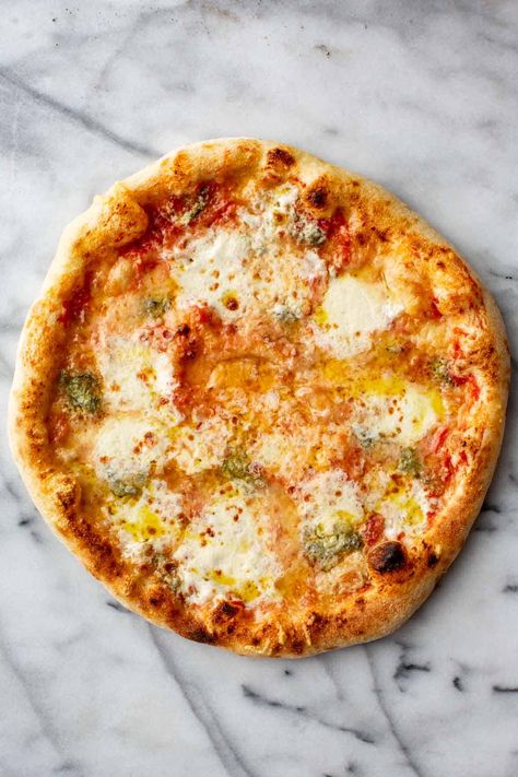 Quatro Formaggi Pizza, Quattro Formaggi Pizza, Fresh San Marzano Tomato Sauce, San Marzano Tomato Sauce, Four Cheese Pizza, Meat Pizza, Beautiful Recipes, Homemade Flatbread, Pizza Ideas