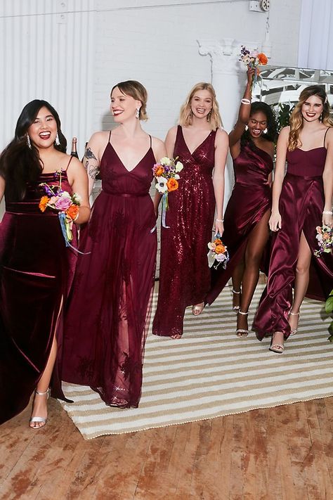 Charmeuse Draped One-Shoulder Bridesmaid Dress | David's Bridal Rainbow Bridesmaid Dresses, Wine Color Bridesmaid Dress, Maroon Bridesmaid, Wine Bridesmaid Dresses, Mix Match Bridesmaids, Maroon Bridesmaid Dresses, Fall Wedding Bridesmaids, Winter Bridesmaid Dresses, Fall Bridesmaid Dresses