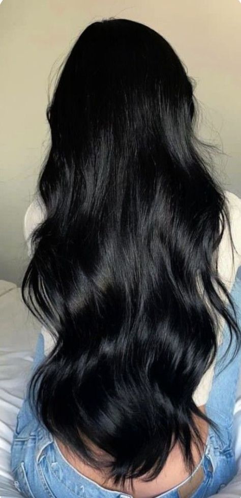 Natural Jet Black Hair, Black Hair Vibes, Very Long Dark Hair, Black Glossy Hair, Super Black Hair, Black Jet Hair, Black Hair Care Aesthetic, Beach Waves Black Hair, Jet Black Hair Pale Skin