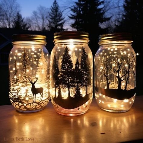 Dishfunctional Designs: DIY Painted Luminary Jars For The Holidays Light Up Mason Jars Diy, Winter Luminaries Diy, Tin Can Luminaries Diy, Mason Jar Crafts For Christmas Fairy Lights, Christmas Glass Jars Decorations, Winter Mason Jar Crafts, Fairy Lights In Mason Jars, Paint Mason Jars Diy, Glass Jar Christmas Decor