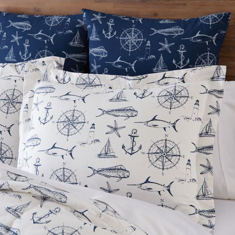 Accent your bedspread with this nautical inspired printed Captain Quarters Sham. Featuring navy blue and white nautical design icons, this stylish sham will transform your entire room. Made from 100% high quality cotton, this sham has a button back closure with a fabric overlap for optimum coverage. The buttons are large, and color coordinated making this item as attractive from the back as it is from the front view. Captain Quarters, Captains Quarters, King Size Pillow Shams, Nautical Bedroom, Coastal Bedding, King Pillow, King Size Pillows, Park Designs, Nautical Design