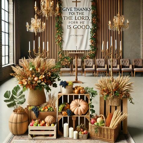 Thanksgiving Stage Decor, Thanksgiving Altar Decorations, Harvest Church Decorations, Thanksgiving Decorations Church, Church Thanksgiving Decorations, Harvest Decorations For Church, Fall Church Decorations, Thanksgiving Church Decorations, Sukkot Decorations