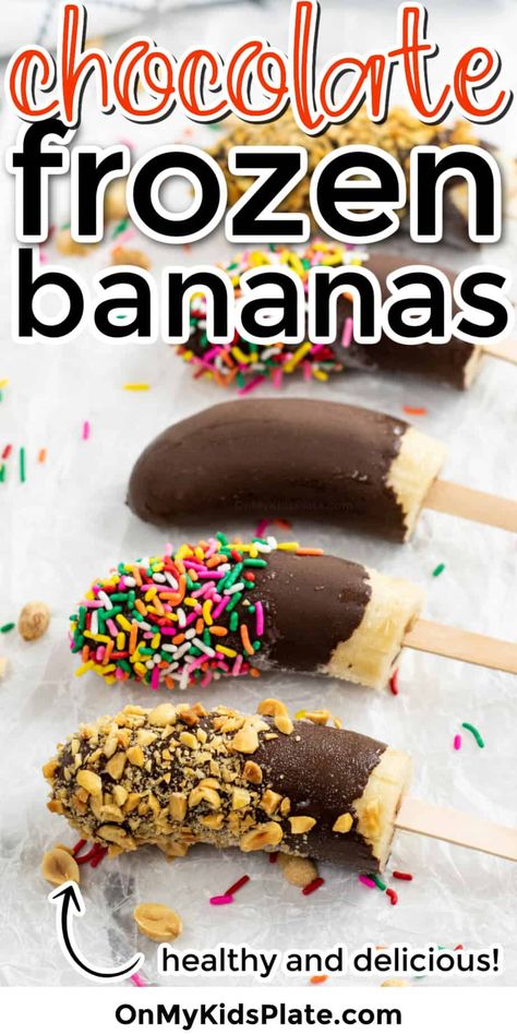 Frozen Chocolate Covered Bananas Frozen Chocolate Covered Bananas, Frozen Banana Treats, Frozen Banana Recipes, Frozen Chocolate Bananas, Chocolate Covered Bananas Frozen, Chocolate Dipped Bananas, Banana Dip, Banana Treats, Banana Pops