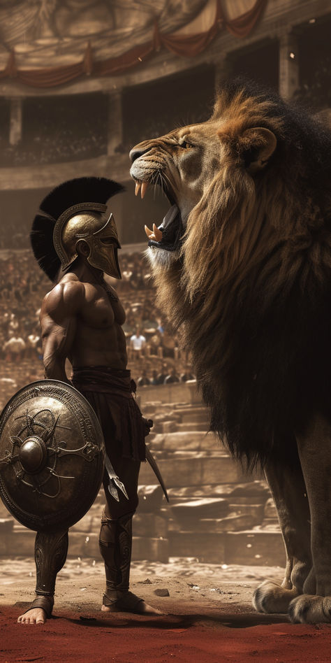 Cool Men Wallpaper, Gladiator Vs Lion, Gladiator Art, Cool Wallpapers For Men, Warrior Artwork, Sparta Warrior, Warrior Of God, Warrior Man, Lion Tattoo Ideas