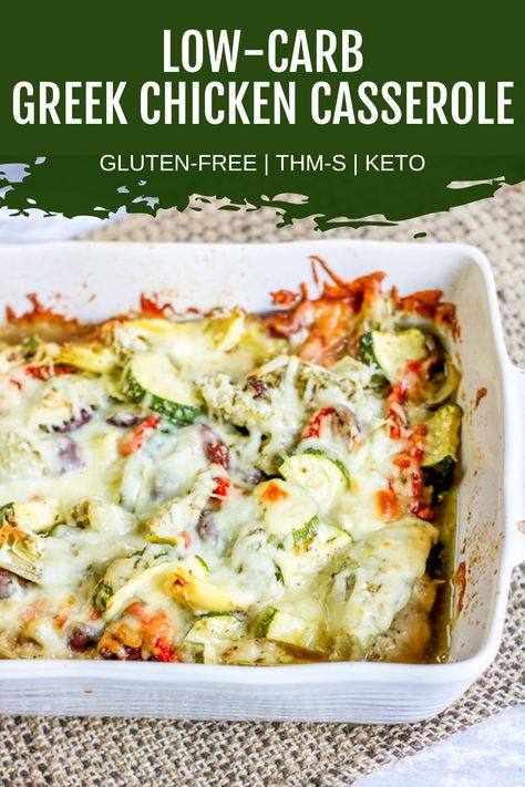 This low-carb Greek Chicken Casserole is filled with savory and tangy flavors. Sure to be a favorite for a twist on a keto chicken casserole! Low Carb Gluten Free Casserole Recipes, Keto Lunch Casserole Recipes, Low Carb Chicken Kiev, No Carb Casserole, Thm Chicken Casserole Recipes, Healthy Recipes Casserole, Greek Chicken Keto, Low Carb Meditteranean Recipes, Dump And Bake Recipes Low Carb