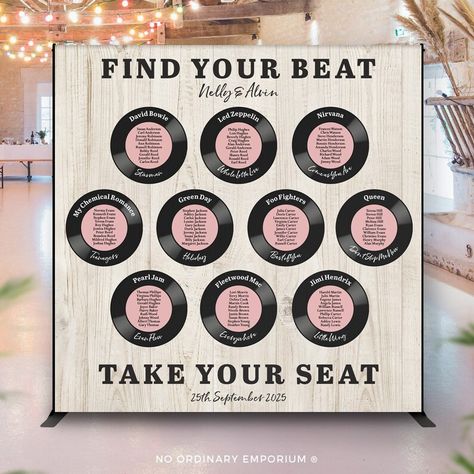 Record Seating Chart Sign, Large Table Plan Banner, Music Theme Backdrop, Fun Retro Reception, Music Festival Wedding, Rock Roll Vinyl Album Music Wedding Table Plan, Wedding Seating Chart Records, 70s Reception, Vinyl Record Seating Chart, Record Seating Chart Wedding, Wedding Music Theme, Record Seating Chart, Music Wedding Theme, Retro Reception