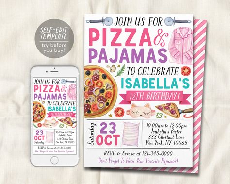 Pizza and Pajamas Birthday Invitation Editable Template, Girl Pizza And PJs Party Invite, Kids Pizzeria Slumber Party Evite, Slice Of Fun Pizza And Pajamas, Pjs Party, Pajama Birthday Parties, Pajamas Party, Template Art, Pj Party, Kids Birthday Party Invitations, Sleepover Party, Slumber Party