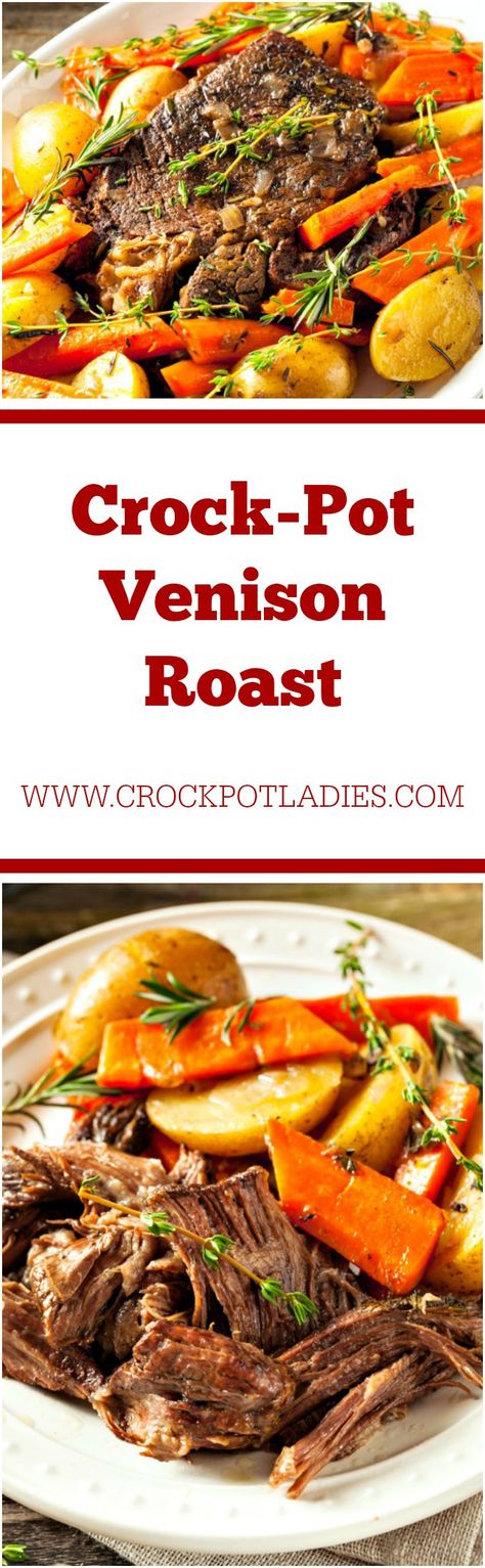 [Video] Crock-Pot Venison Roast - If you have a hunter in the family you are going to love this recipe for Crock-Pot Venison Roast! The venison pot roast & vegetables come out super tender! [Low Fat, Low Sugar & Weight Watchers Friendly!] #CrockPotLadies #CrockPot #SlowCooker #Venison #VenisonRecipes #Dinner #WeightWatchers Dear Roast Recipes Crock Pot, Elk Roast Crock Pot, Crock Pot Venison, Pot Roast Vegetables, Deer Roast, Roast Crockpot, Slow Cooker Venison, Venison Roast, Roast Vegetables