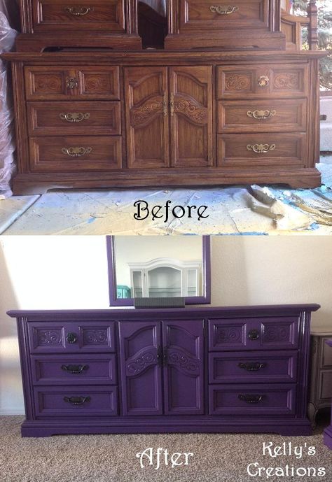 Purple Dressers Painted, Purple Dressers, Dark Purple Furniture, Purple Painted Furniture, Purple Dresser, Purple Furniture, Gothic Decor Bedroom, Purple House, Furniture Dresser