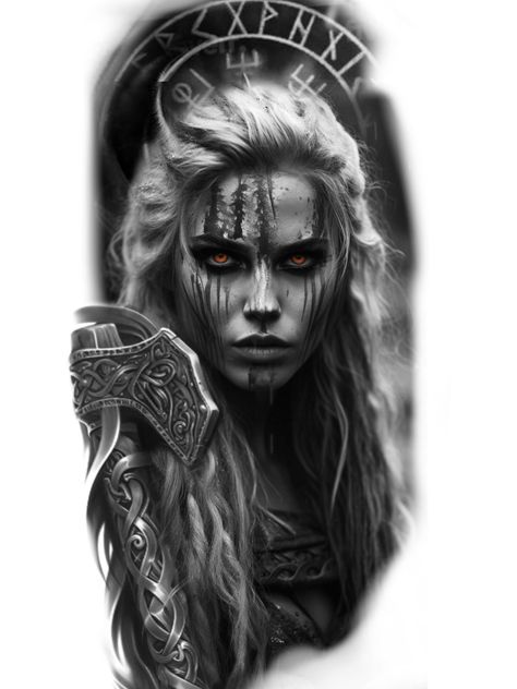 Lagatha Vikings Tattoo, Viking Shield Maiden Tattoo, Viking Women Tattoo, Hel Goddess Tattoo, Viking Warrior Woman Tattoo, Valkyrie Tattoo Men, Female Warrior Tattoo Sleeve, Valkyrie Tattoo Design, Shieldmaiden Tattoo