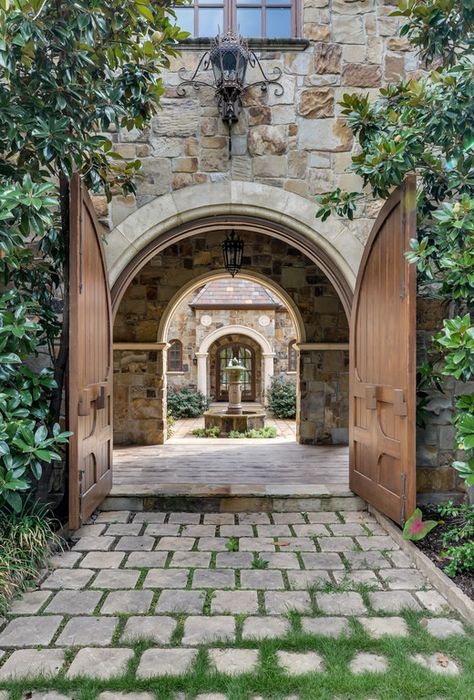 Home | Exterior Stone Building, Casa Patio, Casas Coloniales, Open Door, Salou, Tuscan Style, French Chateau, Mediterranean Homes, Beautiful Doors