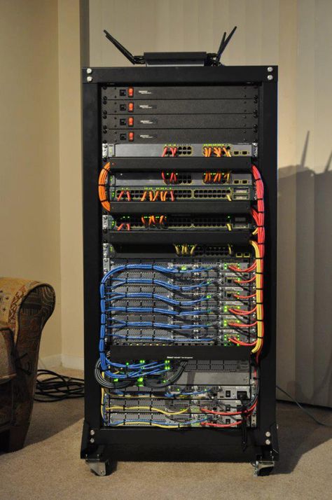 Someone's home lab. Love the cable management! Network Rack Cable Management, Wire Rack Ideas, Home Server Room, Home Server Rack, Data Center Rack, Home Server, Projets Raspberry Pi, Network Rack, Home Lab