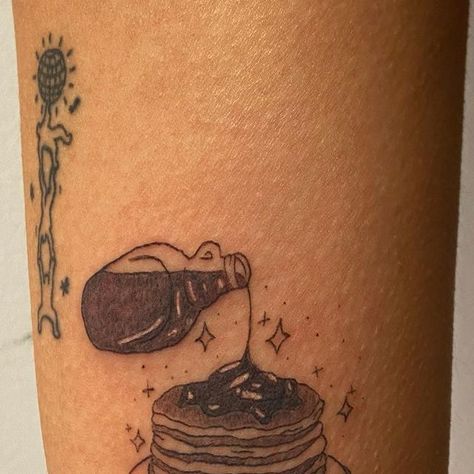 Madeline ✨ on Instagram: "Pancake tatt for Emily! 🥞 so much fun 🤌🫶🥹 . . . . . . . . . . . . . #tattoos #tattoo #tattooflash #pancaketattoo #pancakes #torontotattoo #breakfast" Pancake Tattoo Small, Stack Of Pancakes Tattoo, Madeline Tattoo, Pancake Tattoo, Fun Tattoos, Graphic Cartoon, Cartoon Designs, Pancake Stack, E Tattoo