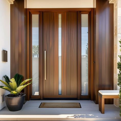 Giant Doors Entrance, Modern Front Door Double, Double Front Doors Modern, Modern Main Entrance Door Design, Wooden Front Door Design Modern, Entrance Doors Ideas Front Entry, Wooden Doors Entrance Front Entry, Wide Front Doors, House Entrance Doors