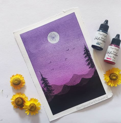 Purple Watercolor Art, Purple Watercolor Painting, Night Skies Painting, Purple Drawing Ideas, Purple Canvas Painting, Purple Drawings, Purple Painting Ideas, Purple Sky Painting, Purple Drawing