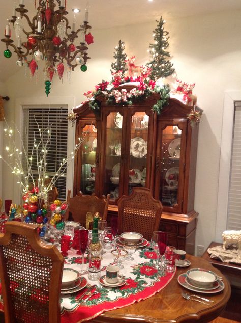 China Cabinet Decorated For Christmas, Christmas China Cabinet Display, China Cabinet Christmas Decor, Christmas China Cabinet Decor, Kitchen Cabinet Christmas Decor, Cabinet Christmas Decor, Christmas Hutch Decor, Christmas Chandeliers, China Cabinet Decor