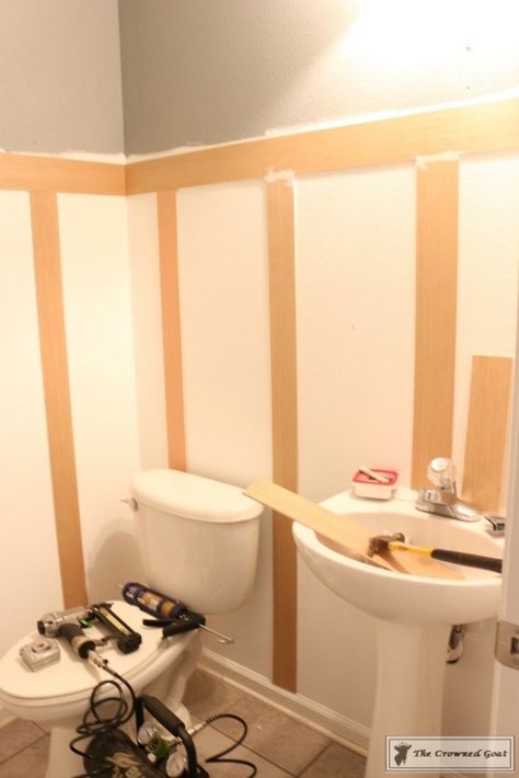 Blue Board And Batten Wall Bathroom, Board And Batten Powder Bathroom, Modern Board And Batten Wall Bathroom, Townhome Upgrades, Judges Paneling, Batten Diy, Half Bath Makeover, Small Half Bath, Bathroom Renovation Diy