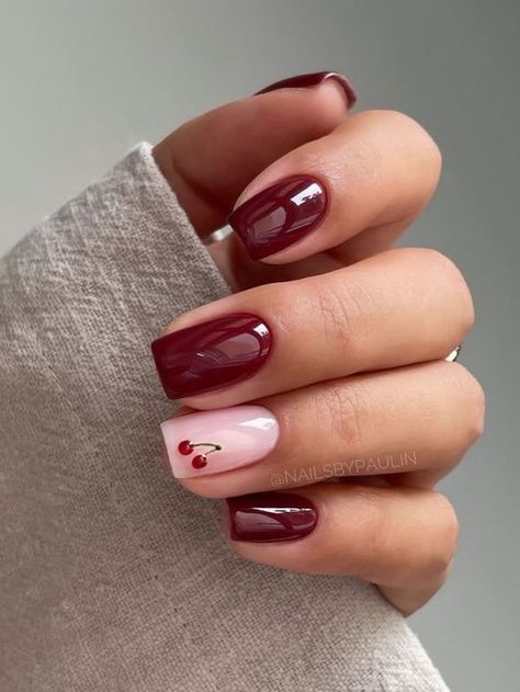 September nail designs: cherry red nails Nov Nails Ideas, Autumn Nails Dark Red, Burgundy Gel Nails Design, Autumn 2024 Nails, Almond Nails Burgundy, Nail Ideas Square Medium, Short Square Round Nails, Nail Designs Cherry, Red Square Nails Design