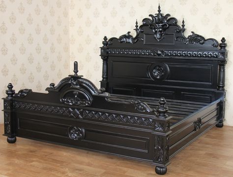 Black Greek Roman Medieval Gothic E. King Gargoyle Bed Vampire Bed, Gothic Rococo, Ornate Bed, Tudor Manor, Gothic Bed, Gothic Decor Bedroom, Carved Beds, Gothic Bedroom, Canopy Bed Frame