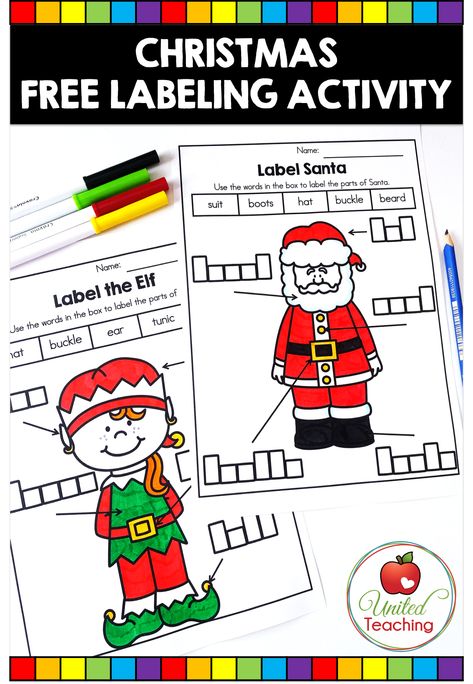 These FREE Christmas activities are a fun way to work on reading and writing Christmas words. Label Santa, Label the Elf and Label the Reindeer are included along with a Christmas word search and My Book of Christmas Words. Lots of fun ways to work on Christmas vocabulary. Christmas Labeling Kindergarten Free, Reindeer Writing Activities, Christmas Writing Kindergarten, December Classroom Activities, Free Christmas Activities, Labeling Kindergarten, Reindeer Writing, Montessori Projects, Santa Label