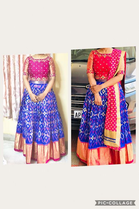 Ikkat Crop Top Lehenga, Ikkat Crop Top, Long Skirt With Crop Top, Long Skirt And Crop Top, Mom And Son Outfits, Top Lehenga, Son Outfits, Lehenga Top, Dress Stitching