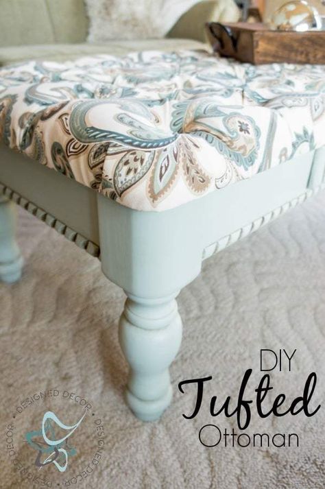 Tufted Coffee Table, Diy Ottoman Coffee Table, Diy Tufted Ottoman, Tufted Ottoman Coffee Table, Painted Benches, Diy Ottoman, Coffee Table Bench, Ottoman Decor, Tufted Ottoman