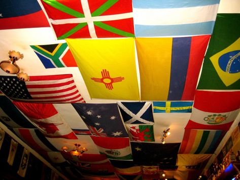 Dorm decor - flags on the ceiling Mexico Flag In Room, Flags Hanging From Ceiling, Flag Hanging Ideas Wall Decor, Flags On Ceiling Bedroom, Hanging Flags On Wall Room Decor, Flags On Ceiling, Flag On Ceiling, Flag Bedroom Ideas, Flags On Wall