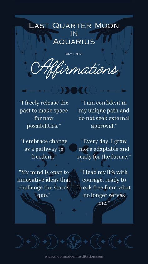 Discover how the Last Quarter Moon in Aquarius encourages you to let go of outdated habits and embrace innovation. Unlock personal growth and freedom with our lunar guide. Dive into the world of astrology and find out how this phase impacts your life decisions and personal growth. Perfect for astrology enthusiasts looking to align with cosmic rhythms!


📚 Discover our "Lunar Manifestation Journal Series" today! First Quarter Moon Affirmations, Last Quarter Moon, New Moon In Aquarius, Quarter Moon, Moon In Aquarius, Moon Journal, Life Decisions, Moon Cycles, Embrace Change
