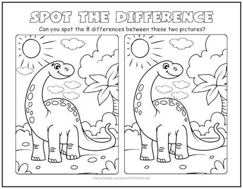 Dinosaur Puzzles Free Printable, Dinosaur Activity Sheets, Dinosaur Worksheets Free Printable, Dinosaur Reading Activities, Spot The Difference Kids, Spot The Difference Printable, Dinosaurs Kindergarten, Dinosaur Coloring Pages For Kids, Find The Difference Pictures