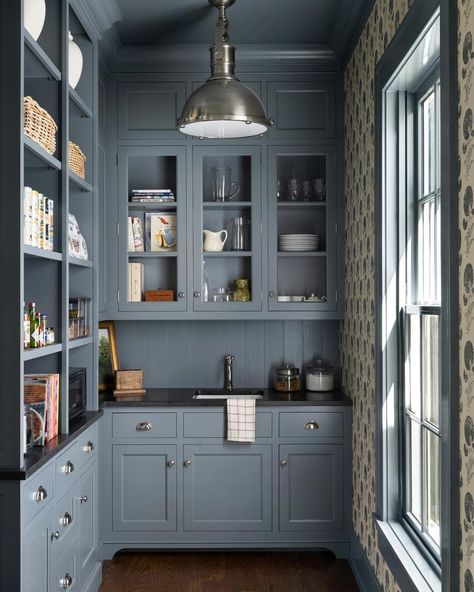 Pantry • Instagram English Country Pantry, Blue Butlers Pantry, Blue Pantry Cabinets, Butlers Pantry Walk Through, English Pantry, Blue Pantry, Walk In Pantry Ideas, Traditional Style Kitchen, Timber Table