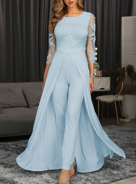 Party Floor, Gown Elegant, Formal Jumpsuit, Jewel Neck, Elegant Floral, Appliques, Floor Length, Length Sleeve, Chiffon