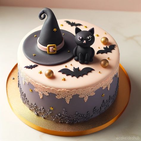 Halloween Cat Cake Pops, Simple Cat Cake Ideas, Cake Ideas With Fondant, Cat Cakes For Kids, Cake Designs Halloween, Halloween Cat Cake, Witch Birthday Cake, Witches Cake, Cat Cake Ideas