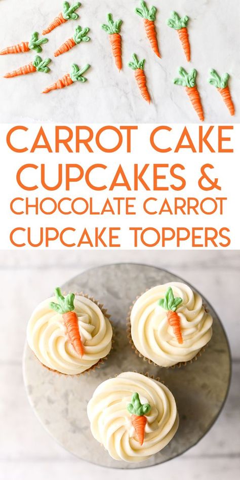 Learn how to make these carrot shaped, edible cupcake toppers out of white chocolate candy melts.  It's easy, and it's the perfect topping for these amazingly delicious carrot cake cupcakes. Chocolate Carrot Decorations, Carrot Decorations Cake, Carrot Cake Shaped Like A Carrot, Carrot Cake Easter Decoration, Carrot Cupcakes Decoration, Easter Carrot Cupcakes, Easter Cupcake Recipes, Chocolate Carrots, Ideas Cupcakes