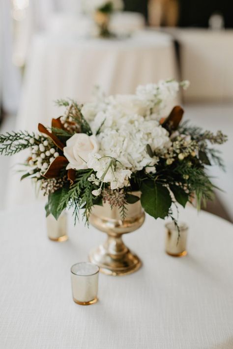 White Winter Wedding Centerpieces, Winter Wedding Flowers Centerpieces, Christmas Floral Centerpieces, New Orleans Winter, Brooks Nader, Christmas Wedding Centerpieces, Winter Castle, Evergreen Wedding, Jordan Wedding