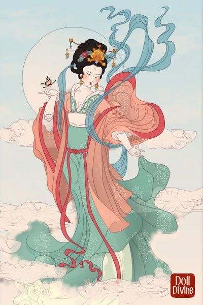 Japanese Moon Goddess, Moon Goddess Outfit, Chang'e Goddess, Chang E, Chinese Goddess, Goddess Of The Moon, Goddess Outfit, Chinese Illustration, Dolls Dress